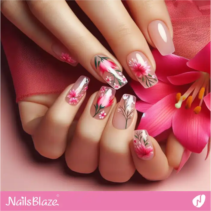 Glossy Nude Nails with Tropical Fuchsia Flowers | Hawaii Nails - NB4049